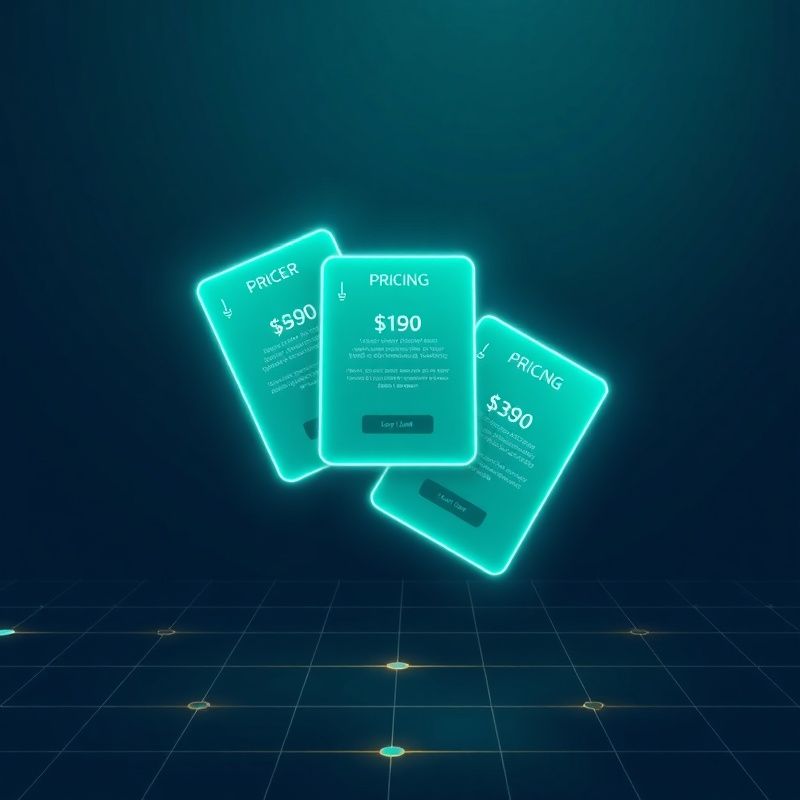 Abstraktní gradient tří zářících teal karet s ceníkovými plány na tmavém pozadí