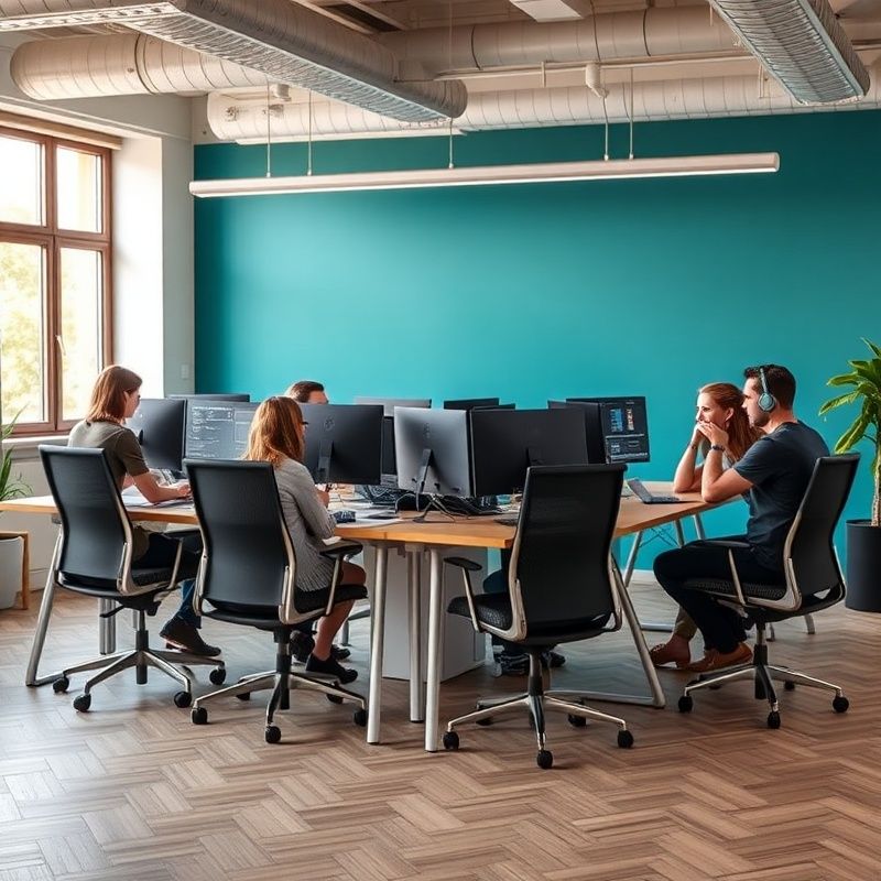 Šestičlenný fintech tým v moderní open-space kanceláři v Pardubicích s teal akcentní stěnou