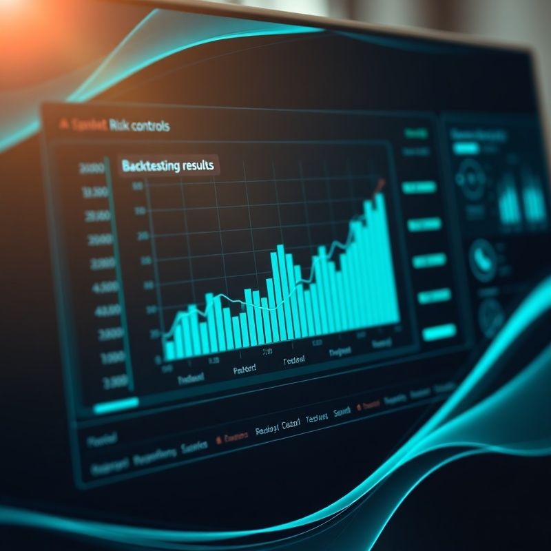 Detail teal-moderního rozhraní backtestingu s grafem výsledků a panelem řízení rizik