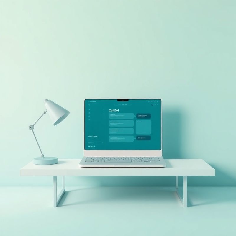 Minimalistická teal-moderní ilustrace kontaktní stránky s notebookem a chatovým rozhraním
